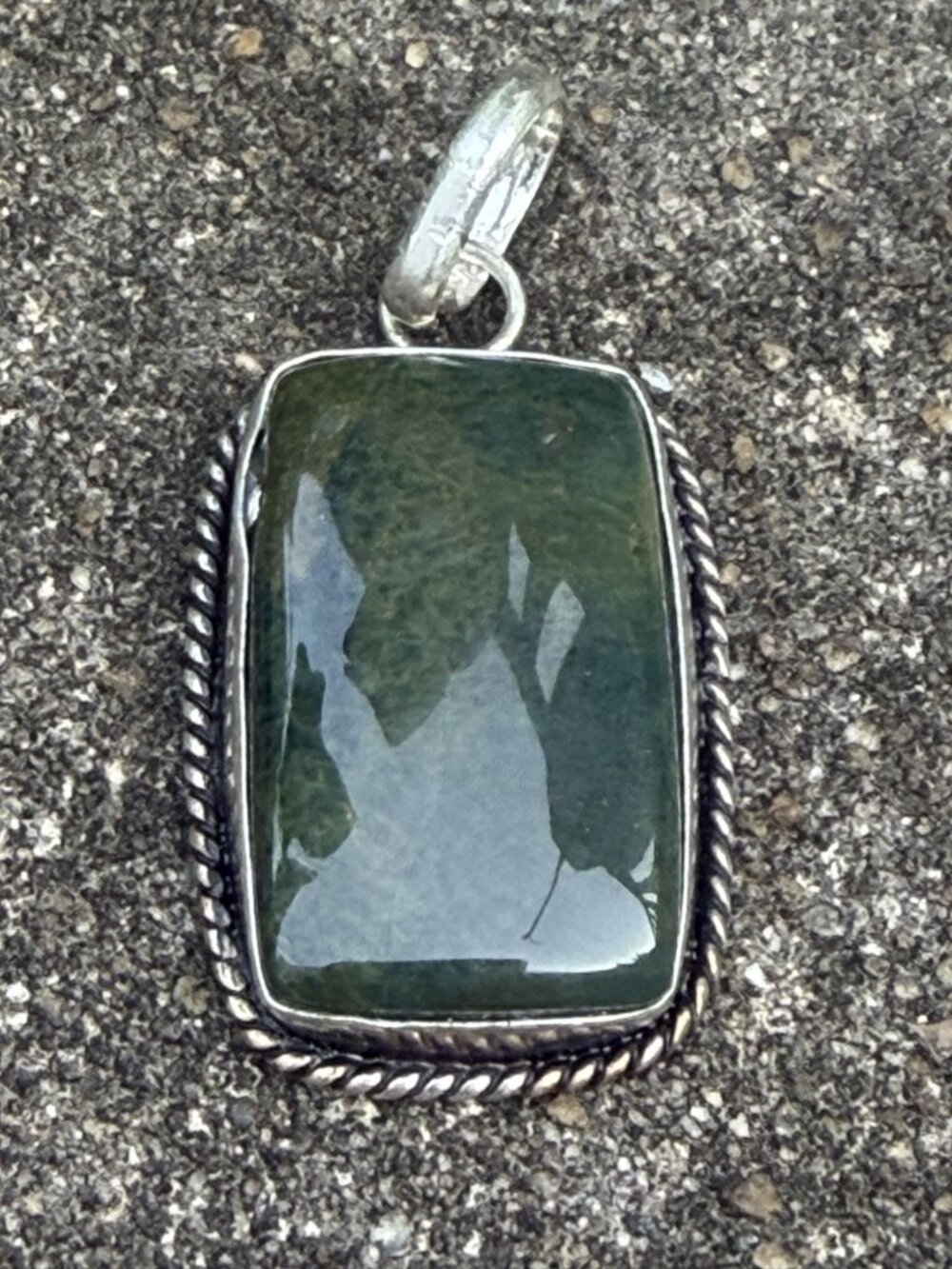 Vintage Sterling Silver 925 Moss Agate Rectangle Pendant Rope Twist Border 1.25"